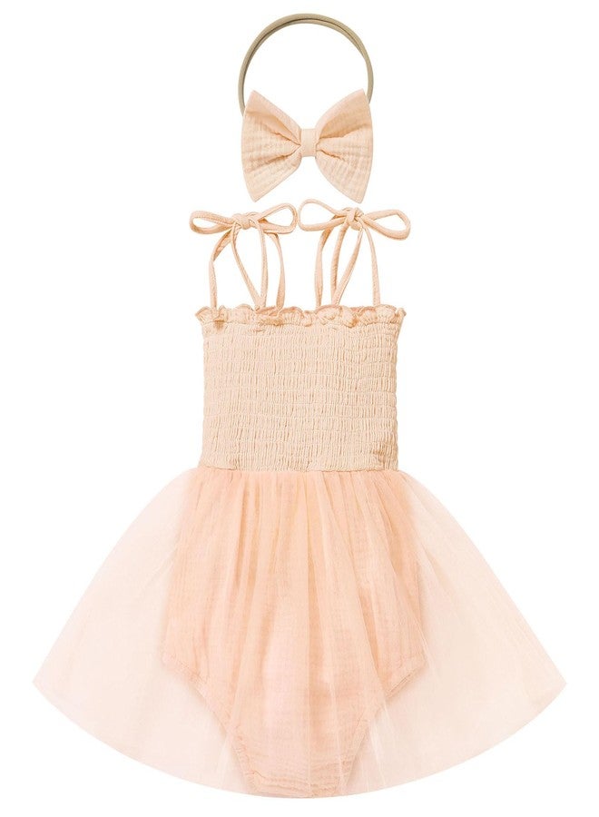 ODOLDI Baby Girls 1st Birthday Outfit Spaghetti Straps Romper Tutu Dress Headband One Year Old Party Cake Smash Outfits Peachy-Pink 6-12 Months - Image 2